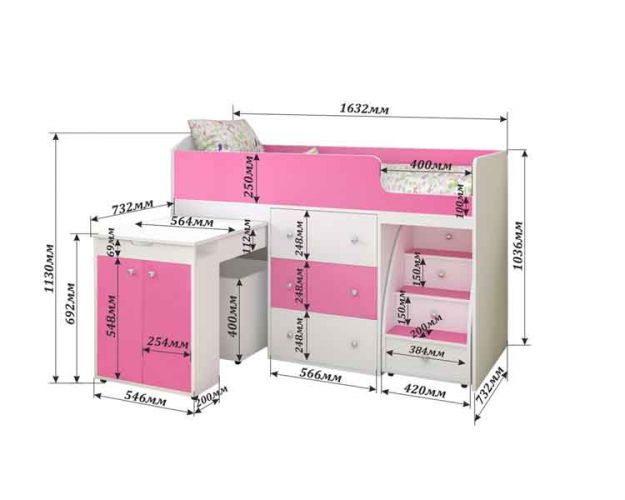 Кровать-чердак Малыш 1600 Бодего/Розовый